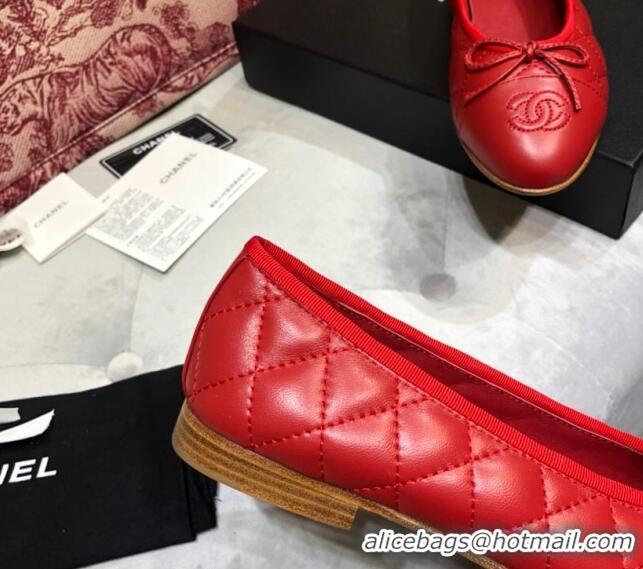 Luxury Chanel Quilted Lambskin Classic Ballerinas Red 101359