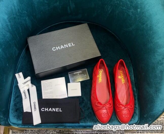 Luxury Chanel Quilted Lambskin Classic Ballerinas Red 101359