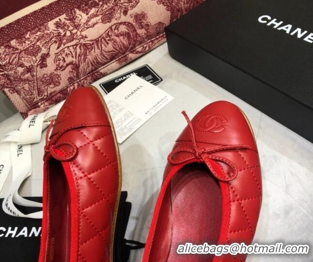 Luxury Chanel Quilted Lambskin Classic Ballerinas Red 101359