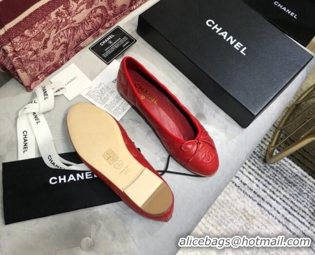 Luxury Chanel Quilted Lambskin Classic Ballerinas Red 101359