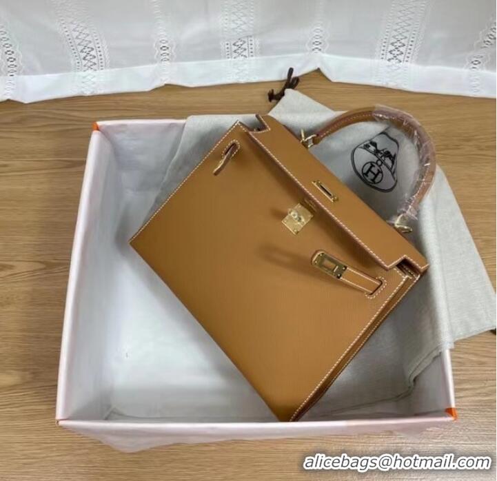 Original Cheap Hermes Kelly 25cm Shoulder Bags Epsom KL2755 brown&gold-Tone Metal