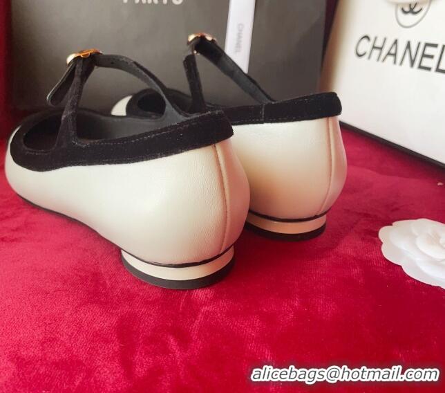 Sumptuous Chanel Lambskin & Velvet Mary Janes Ballerinas G39604 White