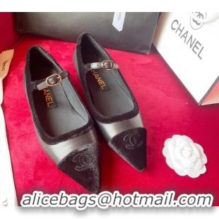 Stylish Chanel Lambskin & Velvet Mary Janes Ballerinas G39604 Black