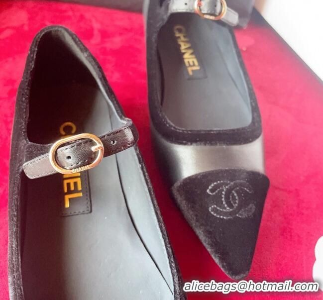 Stylish Chanel Lambskin & Velvet Mary Janes Ballerinas G39604 Black