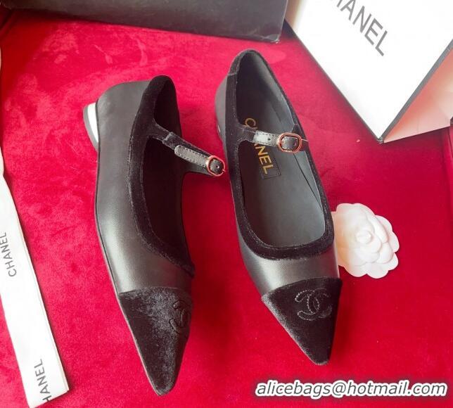 Stylish Chanel Lambskin & Velvet Mary Janes Ballerinas G39604 Black