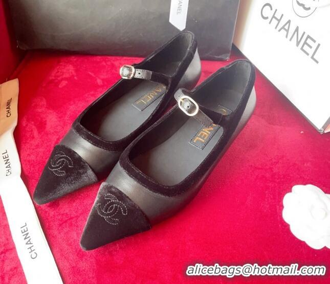 Stylish Chanel Lambskin & Velvet Mary Janes Ballerinas G39604 Black