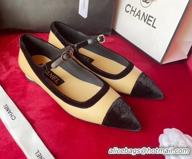 Top Grade Chanel Lambskin & Velvet Mary Janes Ballerinas G39604 Beige