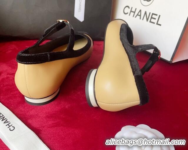 Top Grade Chanel Lambskin & Velvet Mary Janes Ballerinas G39604 Beige