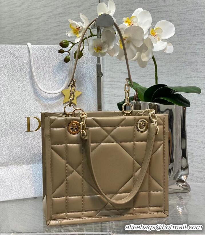 Luxurious SMALL DIOR ESSENTIAL TOTE BAG Hazelnut Archicannage Calfskin M87211 Apricot