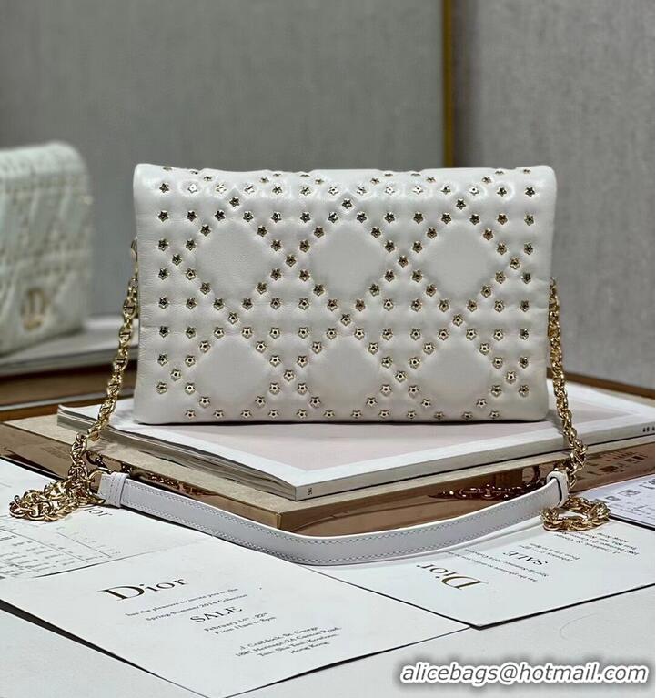 Unique Grade DIOR CARO MACROCANNAGE POUCH Macrocannage Calfskin with Star Motif S5135BB white