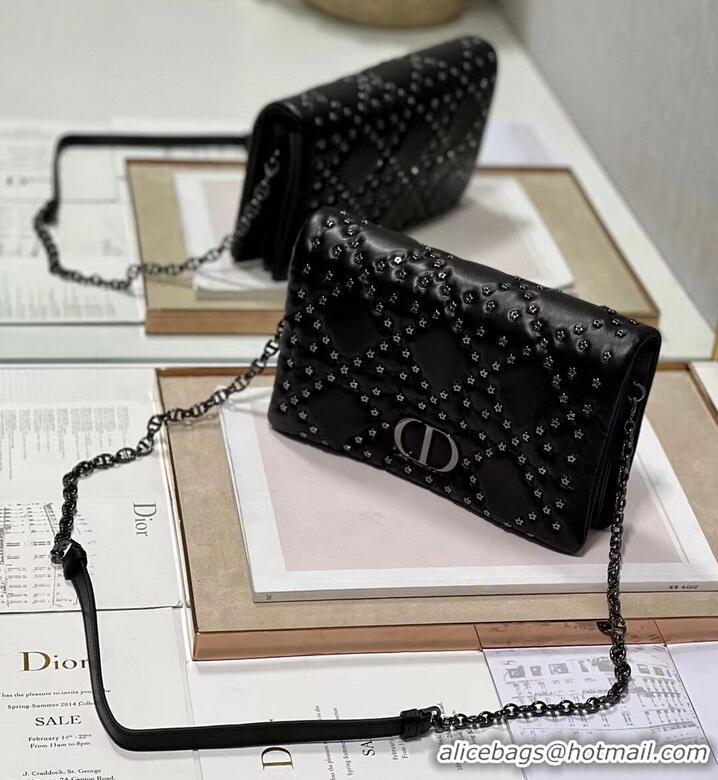 Top Quality DIOR CARO MACROCANNAGE POUCH Macrocannage Calfskin with Star Motif S5135BB black