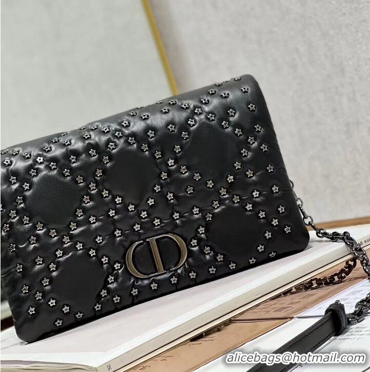 Top Quality DIOR CARO MACROCANNAGE POUCH Macrocannage Calfskin with Star Motif S5135BB black