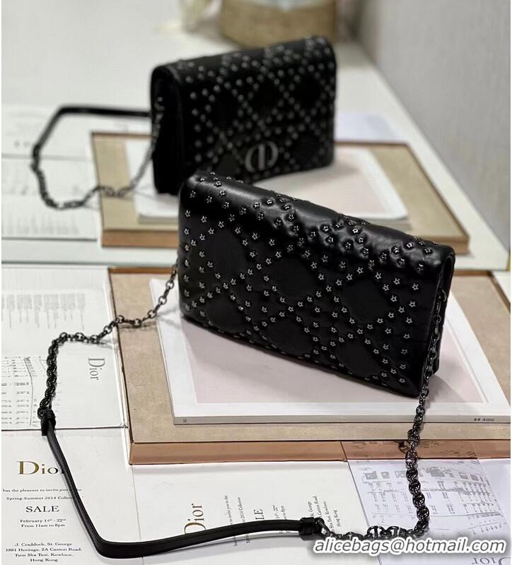 Top Quality DIOR CARO MACROCANNAGE POUCH Macrocannage Calfskin with Star Motif S5135BB black