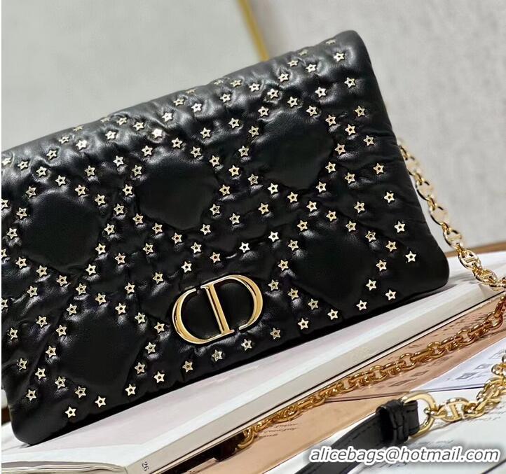 Famous Brand DIOR CARO MACROCANNAGE POUCH Macrocannage Calfskin with Star Motif S5135BN BLACK