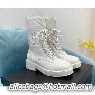 Sophisticated Chanel Quilted and Calfskin Lace-ups Ankle Boots G39506 White