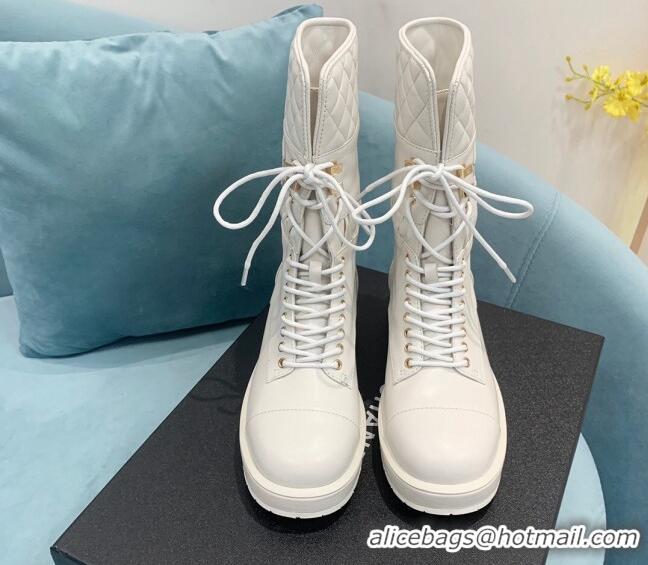 Sophisticated Chanel Quilted and Calfskin Lace-ups Ankle Boots G39506 White