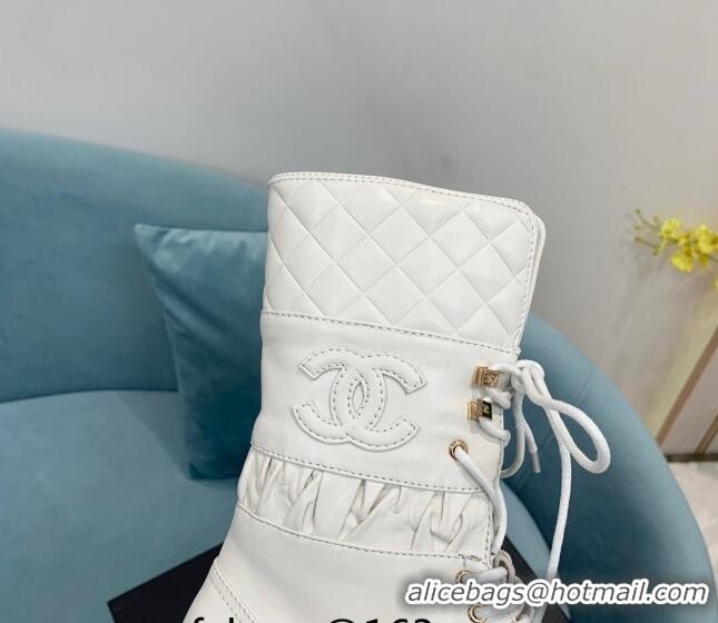 Sophisticated Chanel Quilted and Calfskin Lace-ups Ankle Boots G39506 White