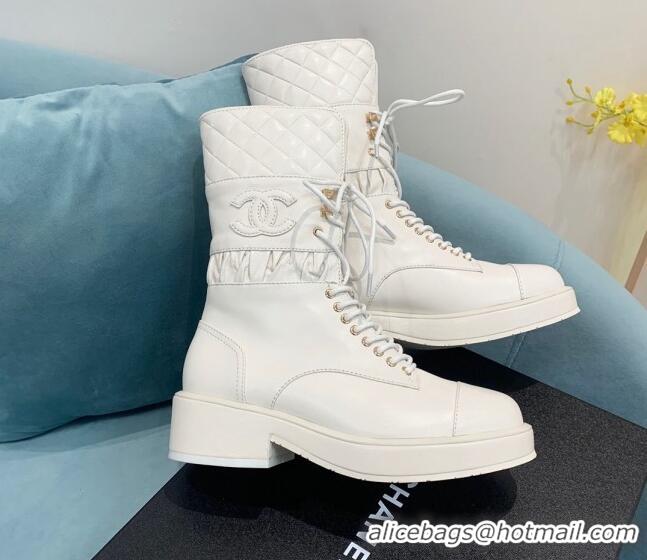 Sophisticated Chanel Quilted and Calfskin Lace-ups Ankle Boots G39506 White