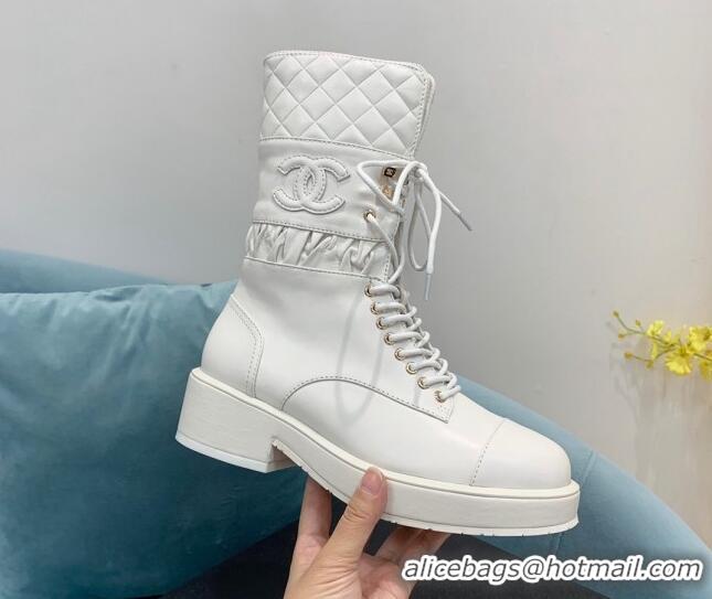 Sophisticated Chanel Quilted and Calfskin Lace-ups Ankle Boots G39506 White