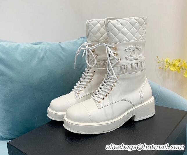 Sophisticated Chanel Quilted and Calfskin Lace-ups Ankle Boots G39506 White