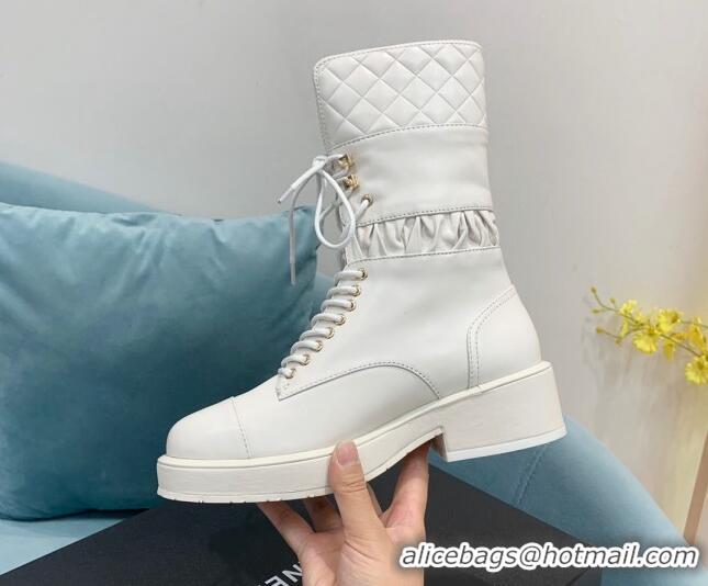 Sophisticated Chanel Quilted and Calfskin Lace-ups Ankle Boots G39506 White