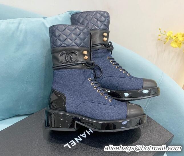 Good Quality Chanel Quilted and Denim Lace-ups Ankle Boots G39506 Blue