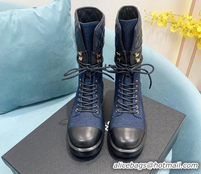 Good Quality Chanel Quilted and Denim Lace-ups Ankle Boots G39506 Blue