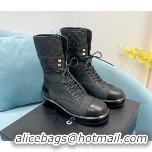 Discount Chanel Quilted and Denim Lace-ups Ankle Boots G39506 Black