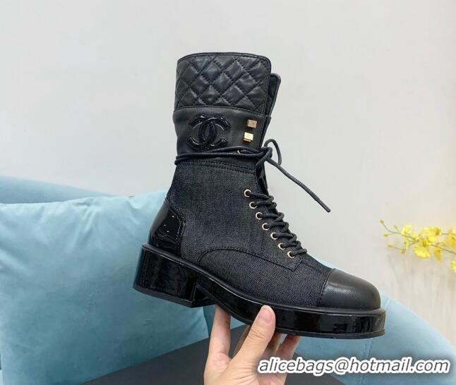 Discount Chanel Quilted and Denim Lace-ups Ankle Boots G39506 Black