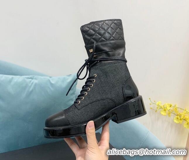 Discount Chanel Quilted and Denim Lace-ups Ankle Boots G39506 Black