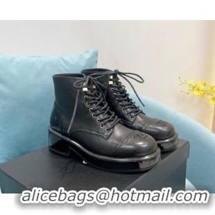 Cheap Price Chanel Lambskin and Patent Leather Lace-ups Ankle Boots Black 110362