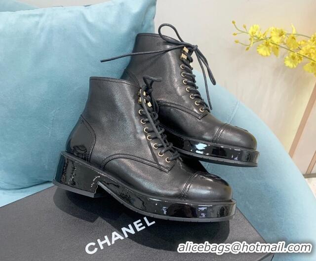 Cheap Price Chanel Lambskin and Patent Leather Lace-ups Ankle Boots Black 110362