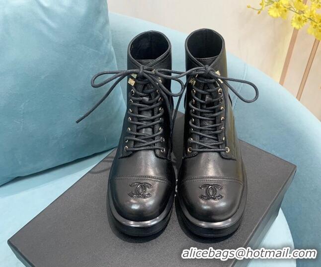 Cheap Price Chanel Lambskin and Patent Leather Lace-ups Ankle Boots Black 110362