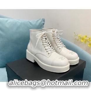 Popular Style Chanel Lambskin Lace-ups Ankle Boots White 110363