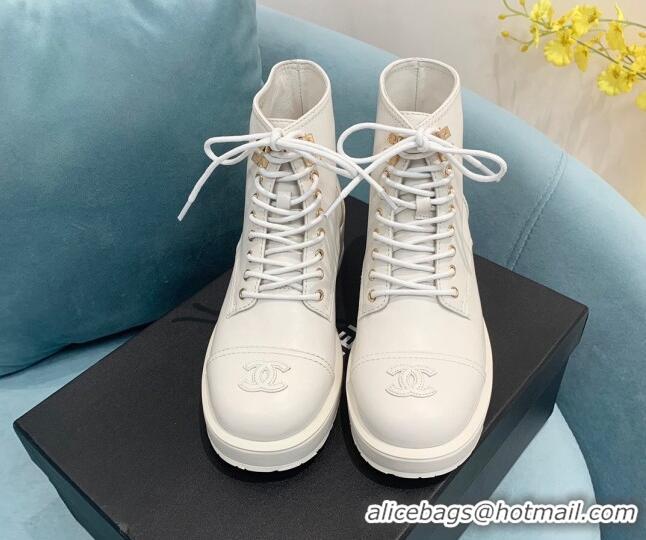 Popular Style Chanel Lambskin Lace-ups Ankle Boots White 110363