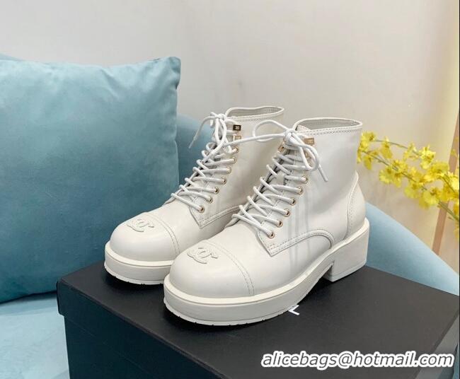 Popular Style Chanel Lambskin Lace-ups Ankle Boots White 110363