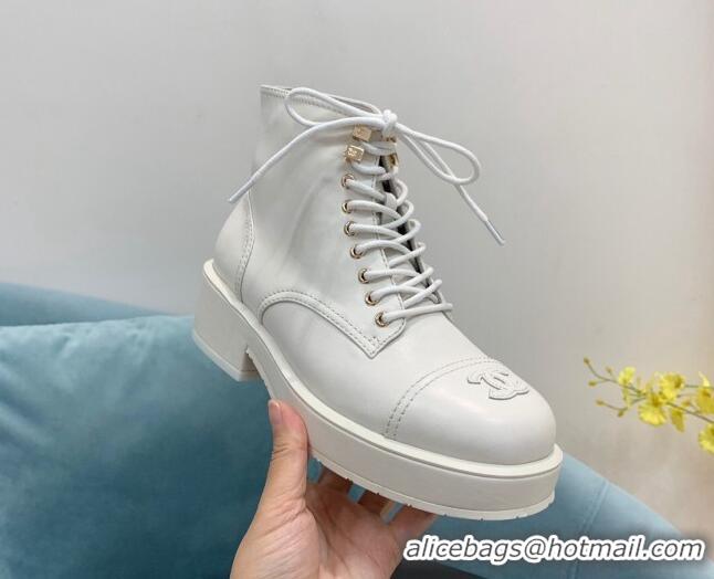 Popular Style Chanel Lambskin Lace-ups Ankle Boots White 110363