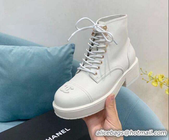 Popular Style Chanel Lambskin Lace-ups Ankle Boots White 110363