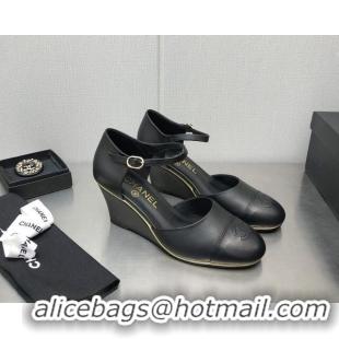 Purchase Chanel Lambskin Open Shoe Wedge Pumps G39422 6.5cm Black