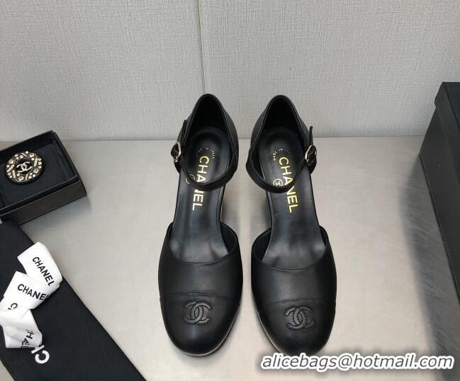 Purchase Chanel Lambskin Open Shoe Wedge Pumps G39422 6.5cm Black