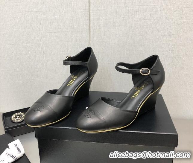 Purchase Chanel Lambskin Open Shoe Wedge Pumps G39422 6.5cm Black