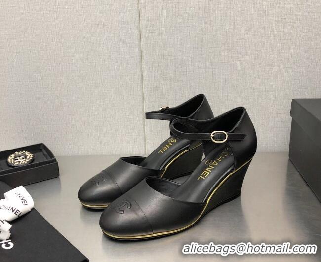 Purchase Chanel Lambskin Open Shoe Wedge Pumps G39422 6.5cm Black