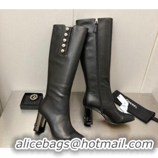 Durable Chanel Calfskin Side Pearl High Boots 8.5cm Black 110367