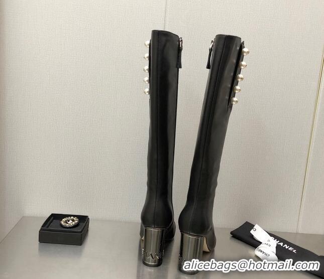 Durable Chanel Calfskin Side Pearl High Boots 8.5cm Black 110367