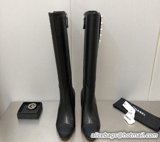 Durable Chanel Calfskin Side Pearl High Boots 8.5cm Black 110367