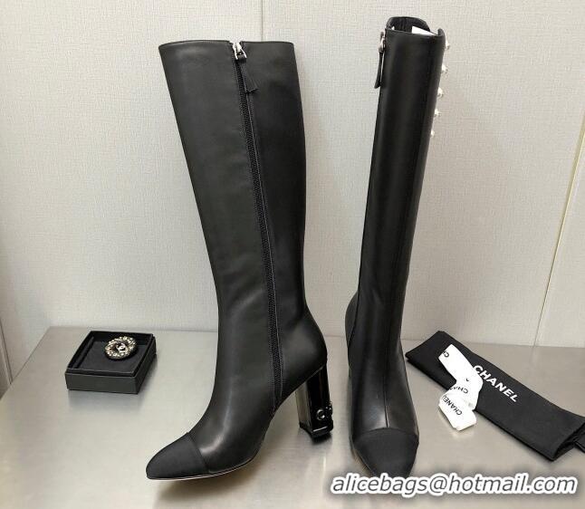 Durable Chanel Calfskin Side Pearl High Boots 8.5cm Black 110367