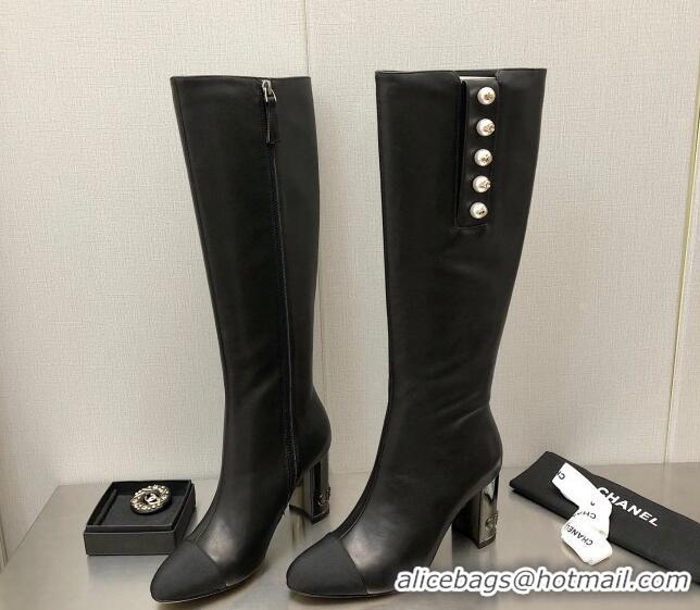 Durable Chanel Calfskin Side Pearl High Boots 8.5cm Black 110367