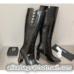 Good Quality Chanel Patent Leather Side Pearl High Boots 8.5cm Black 110369