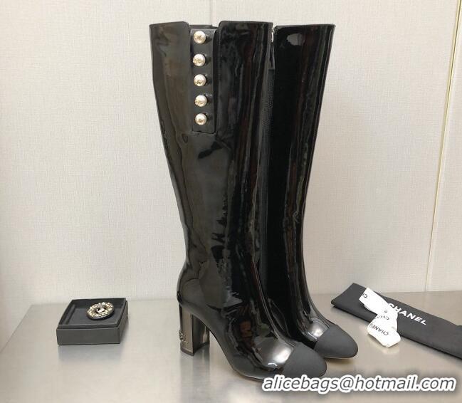 Good Quality Chanel Patent Leather Side Pearl High Boots 8.5cm Black 110369