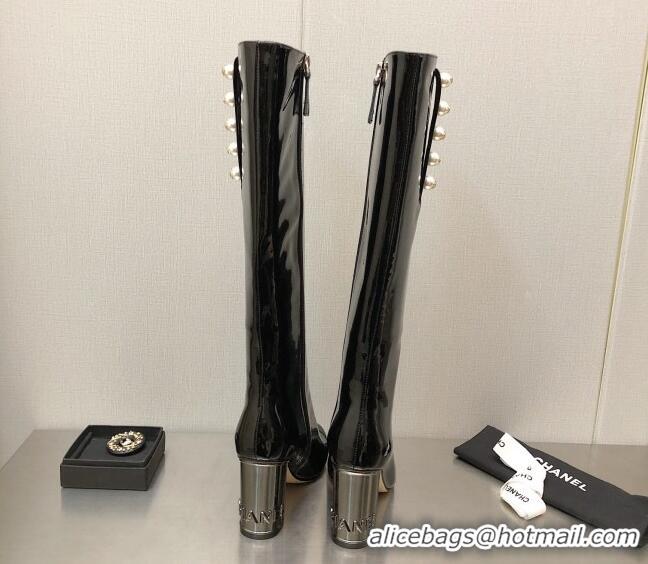 Good Quality Chanel Patent Leather Side Pearl High Boots 8.5cm Black 110369